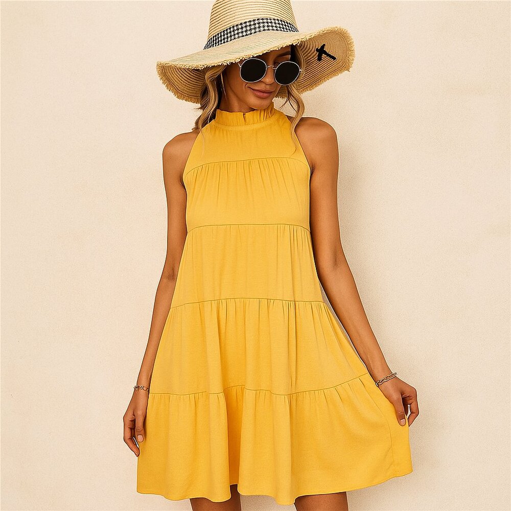 Anna-Kaci NEW Yellow Ruffle Neck Tiered Swing Mini Dress S M L XL